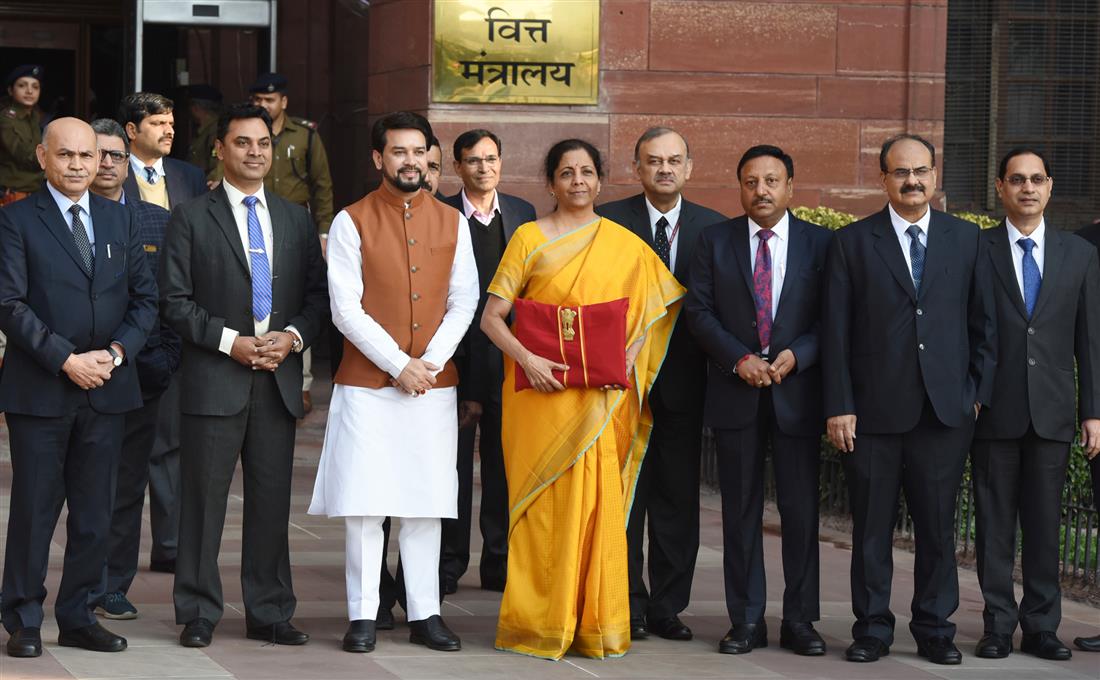 The Union Minister for Finance and Corporate Affairs, Smt. Nirmala Sitharaman departs from North Block to Rashtrapati Bhavan and Parliament House, along with the Minister of State for Finance and Corporate Affairs, Shri Anurag Singh Thakur and the senior officials to present the General Budget 2020-21, in New Delhi on February 01, 2020.