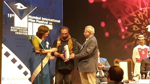 Director Joshy Joseph receiving Special Jury Mention Certificate, for his Documentary Film Echo From The Pukpui Skies, at the 16th edition of Mumbai International Film Festival, in Mumbai on Feb 3, 2020.