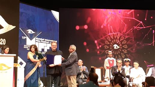 Director Jesse Alk receiving Best Sound Design award, for the documentary film Pariah Dog, at the 16th edition of Mumbai International Film Festival, in Mumbai on Feb 3, 2020.
