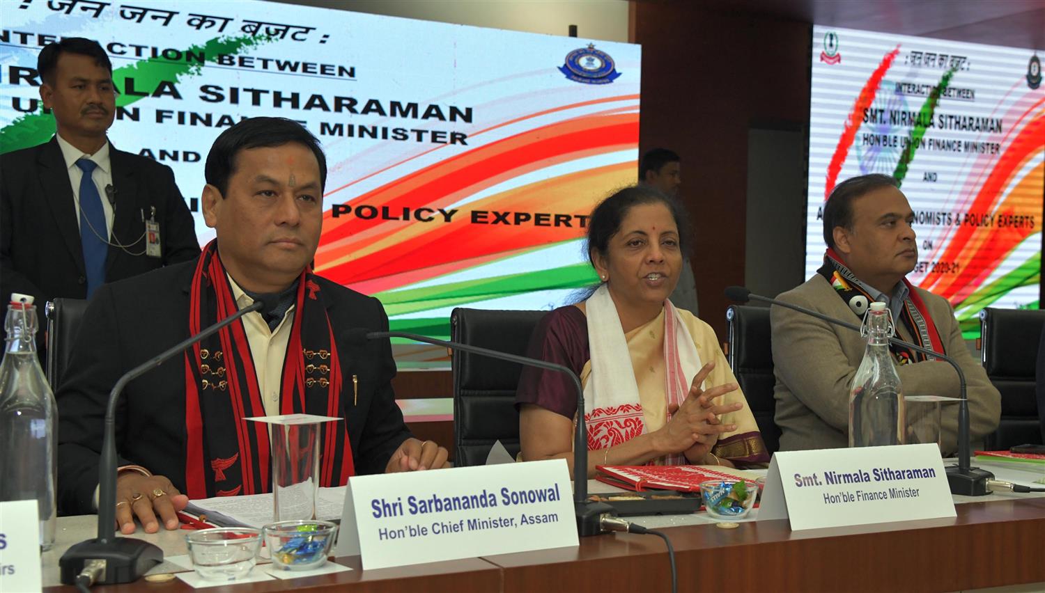 Union Minister of Finance & Corporate Affairs Smt. Nirmala Sitharaman, Interacting with Academicians, Economist & Policy Experts at Assam Administrative Staff College Guwahati on 27th February 2020.Chief Minister of Assam Shri Sarbananda Sonowal and Shri   Himanta Biswa Sarma, Finance Minister of Assam are also seen in the picture.


