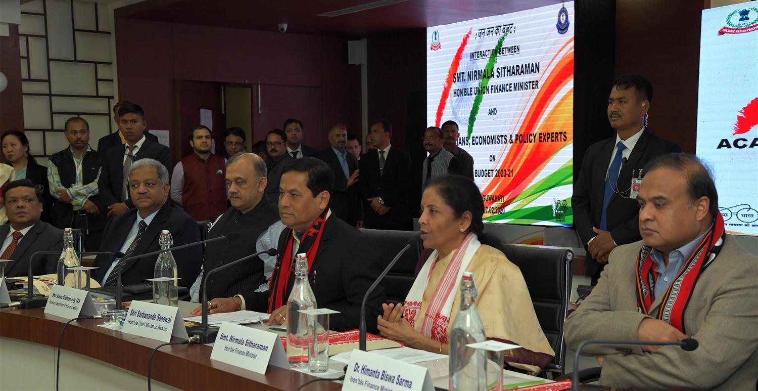 Union Minister of Finance & Corporate Affairs Smt. Nirmala Sitharaman, Interacting with Academicians, Economist & Policy Experts at Assam Administrative Staff College Guwahati on 27th February 2020.Chief Minister of Assam Shri Sarbananda Sonowal and Shri   Himanta Biswa Sarma, Finance Minister of Assam are also seen in the picture.

