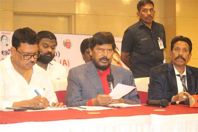 The Minister of State for Social Justice & Empowerment, Shri Ramdas Athawale address a press conference in  Hyderabad on January 06, 2020  