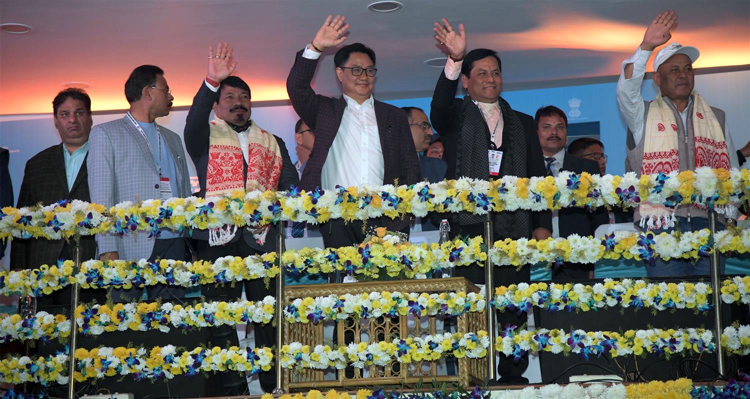 Union Minister State (I/C) for Youth Affairs & Sports and Minority Affairs Shri Kiren Rijiju delivering his inaugural speech at Third edition of Khelo India Youth Games at Guwahati on 10th January  2020. Chief Minister of Assam Shri Sarbananda Sonowal is also seen in the picture.