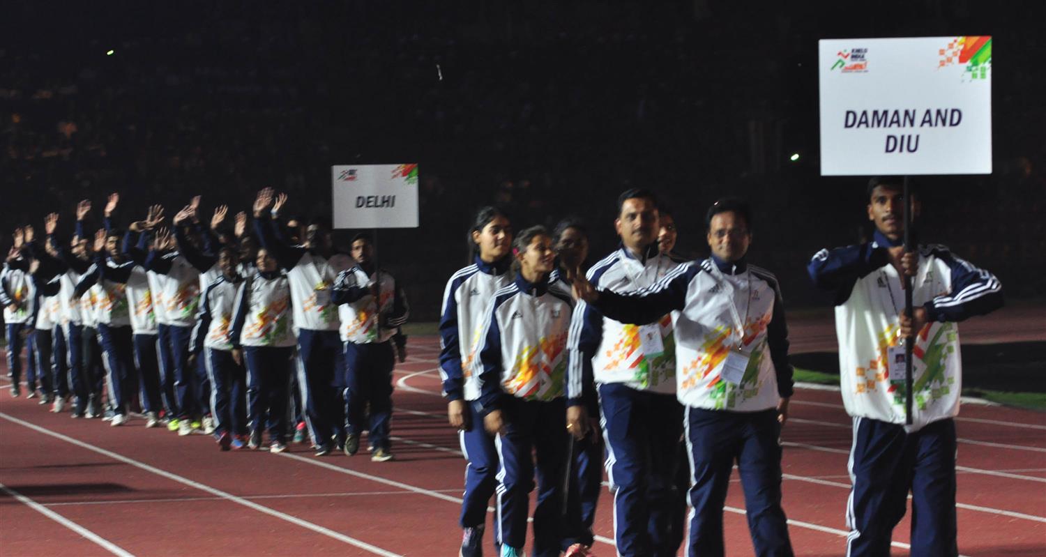 Contingents of participating states at the inaugural ceremony of third edition of Khelo India Youth Games 2020 at Guwahati on 10th January 2020.