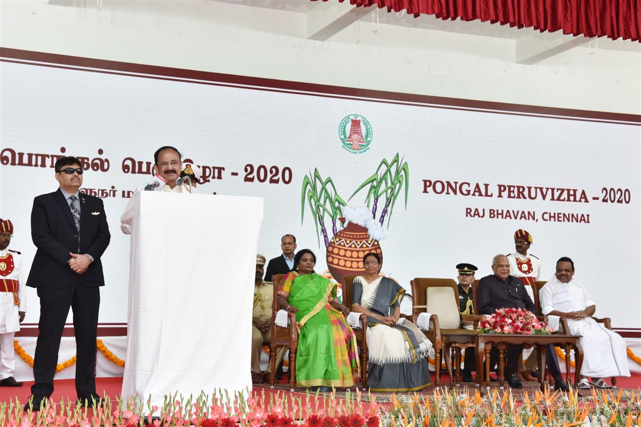 The Vice President, Shri M Venkaiah Naidu addressing the gathering after the Pongal celebrations at Raj Bhawan, in Chennai, on 14 January, 2020