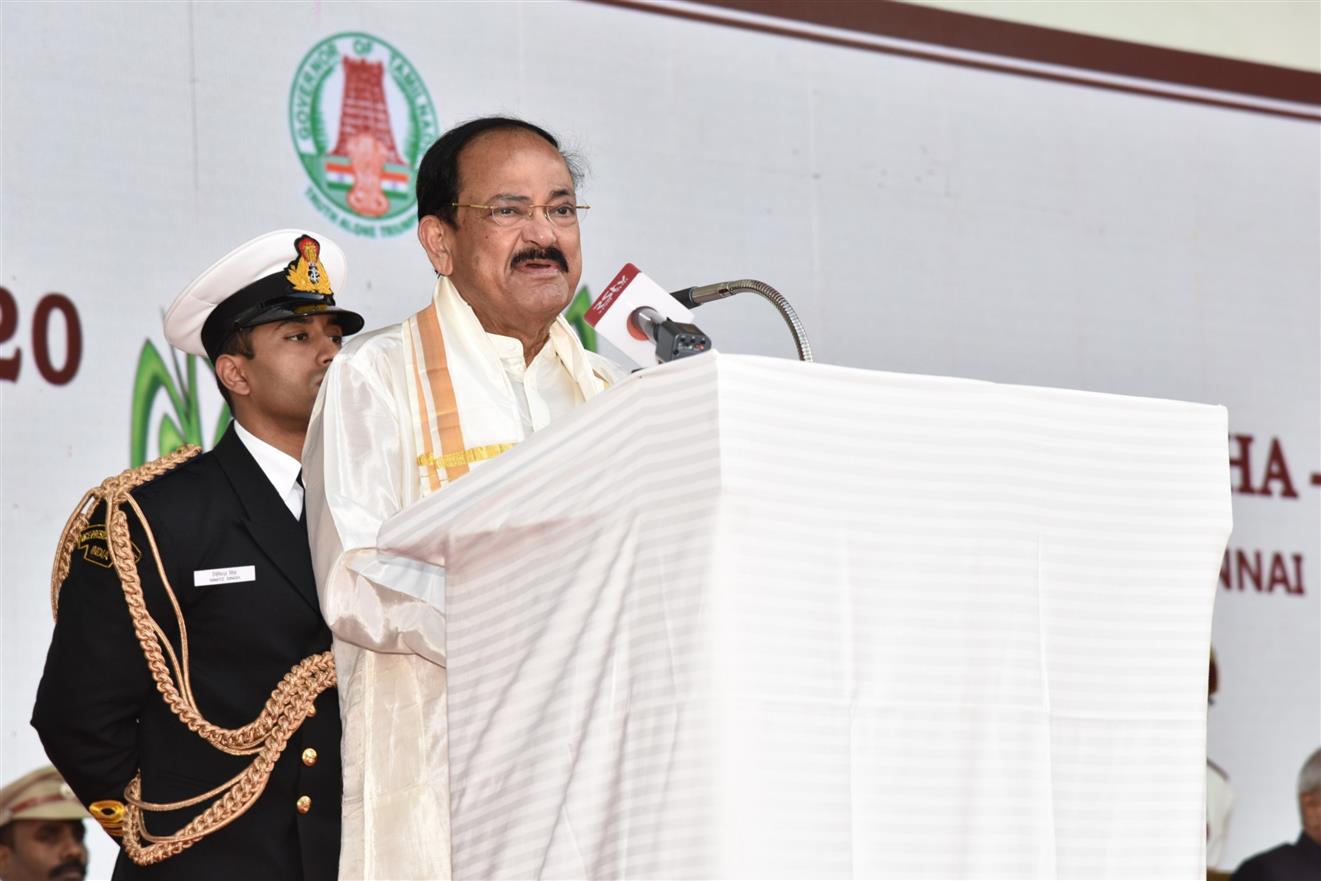 The Vice President, Shri M Venkaiah Naidu addressing the gathering after the Pongal celebrations at Raj Bhawan, in Chennai, on 14 January, 2020.