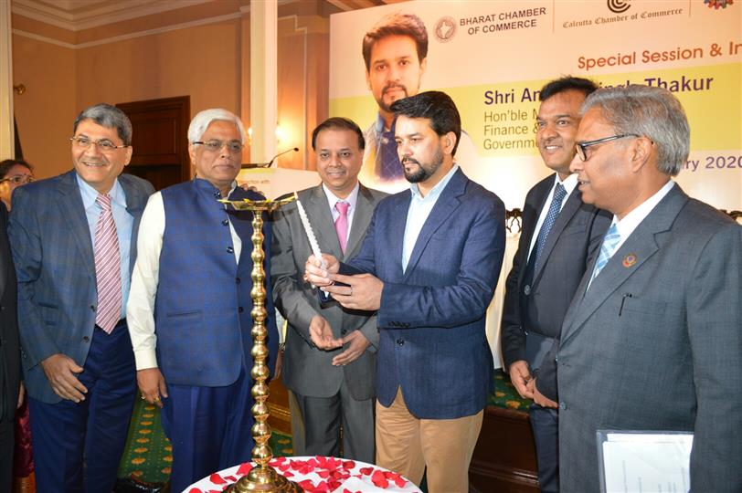  Union Minister of State for Finance and Corporate Affairs, Shri Anurag Thakur lighting the lamp to inaugurate special session jointly held by Merchants’ Chamber of Commerce and Industry (MCCI), Bharat Chamber of Commerce (BCC), Calcutta Chamber of Commerce (CCC), Direct Taxes Professionals’ Association (DTPA) and Association of Corporate Advisers and Executives (ACAE) in Kolkata on January, 16, 2020.