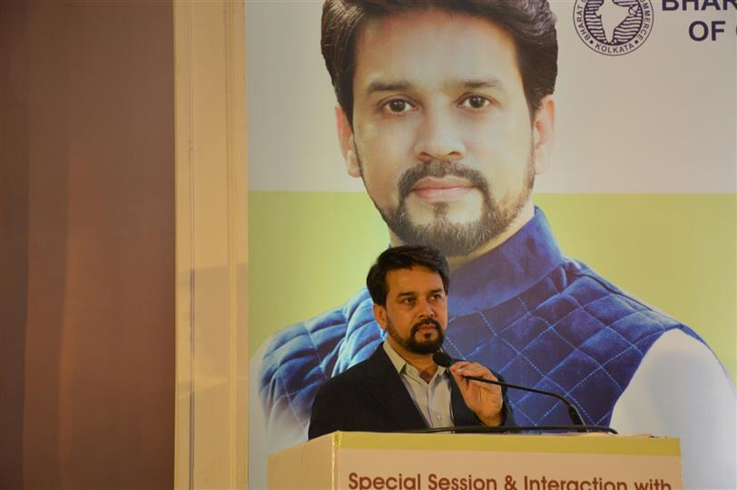  Union Minister of State for Finance and Corporate Affairs, Shri Anurag Thakur addressing special session jointly held by Merchants’ Chamber of Commerce and Industry (MCCI), Bharat Chamber of Commerce (BCC), Calcutta Chamber of Commerce (CCC), Direct Taxes Professionals’ Association (DTPA) and Association of Corporate Advisers and Executives (ACAE) in Kolkata on January, 16, 2020.