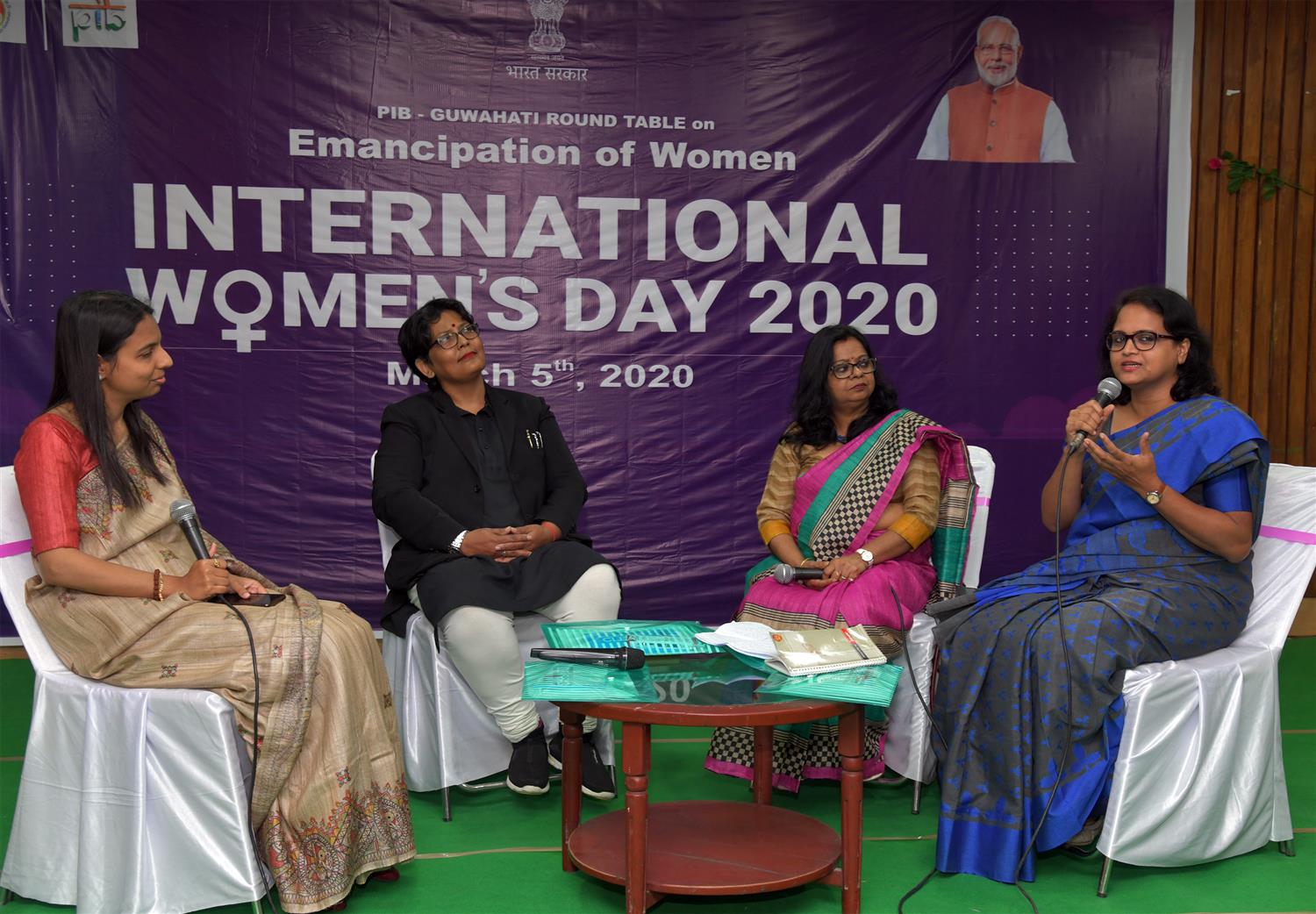 Smt. Sumitra Sharma, Advocate Smt. Mili Hazarika, Senior Advocate Smt. Durba Dutta Lecturer, Royal Golobal University and Dr. Rajshree Bedamatta Associate Prof.IIT, Guwahati and keeriti Tiwari Join Director, PIB Guwahatia are seen at the Round  Table conference  on Women’s Emancipation in the Run-up to International Women’s Day 2020 , organized by Press Information Bureau, Ministry of Information & Broadcasting, Guwahati in collaboration with Indian Institute of Technology, Guwahati on 5th March 2020. 