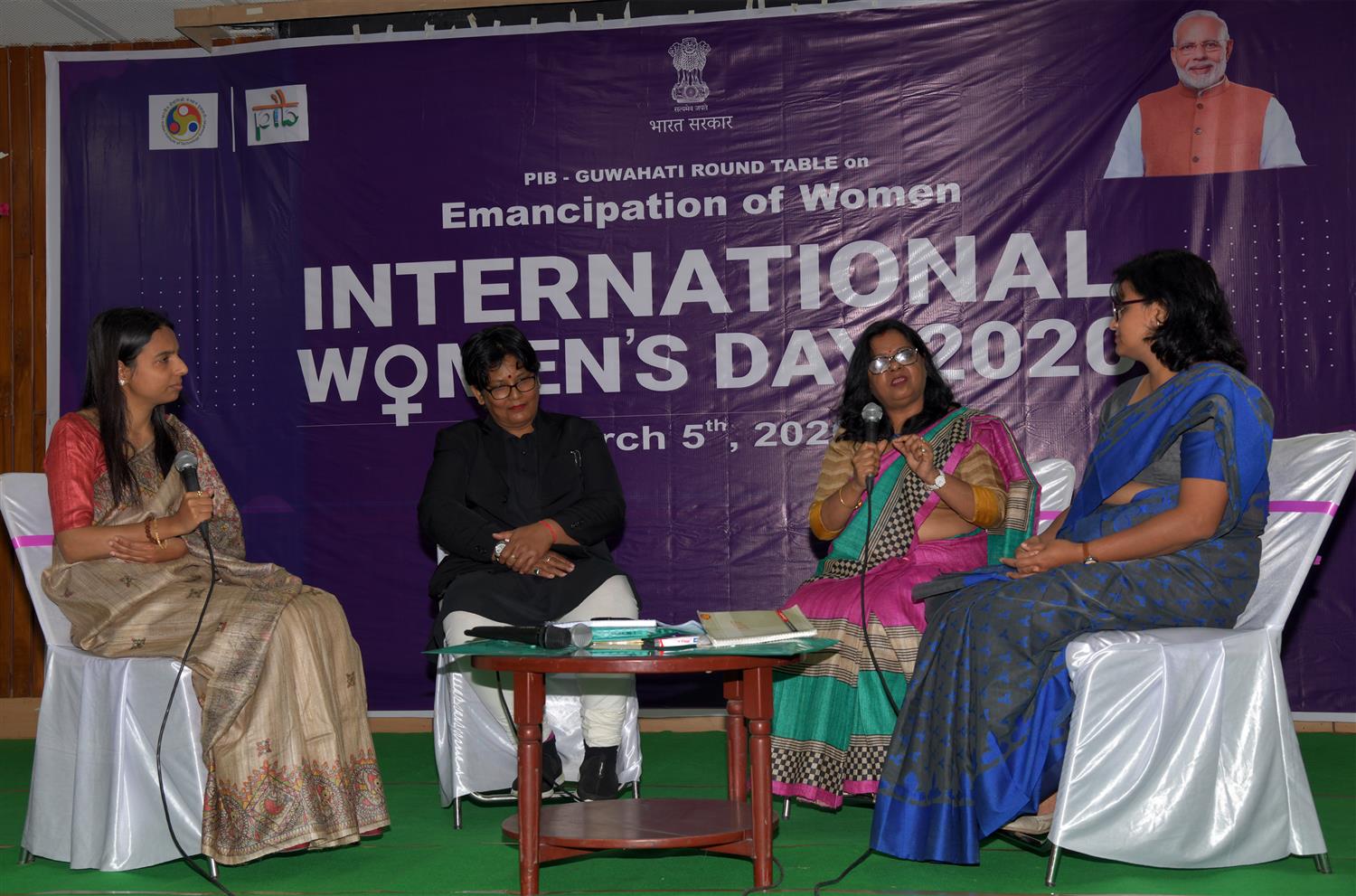 Smt. Sumitra Sharma, Advocate Smt. Mili Hazarika, Senior Advocate Smt. Durba Dutta Lecturer, Royal Golobal University and Dr. Rajshree Bedamatta Associate Prof.IIT, Guwahati and keeriti Tiwari Join Director, PIB Guwahatia are seen at the Round  Table conference  on Women’s Emancipation in the Run-up to International Women’s Day 2020 , organized by Press Information Bureau, Ministry of Information & Broadcasting, Guwahati in collaboration with Indian Institute of Technology, Guwahati on 5th March 2020. 