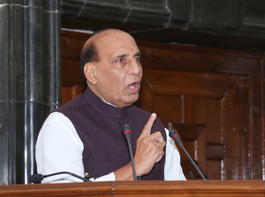 The Union Minister for Defence, Shri Rajnath Singh addressing the gathering after presenting best marching contingent trophies of Republic Day Parade 2021 to Jat Regimental Centre and Delhi Police, in New Delhi on February 15, 2021.