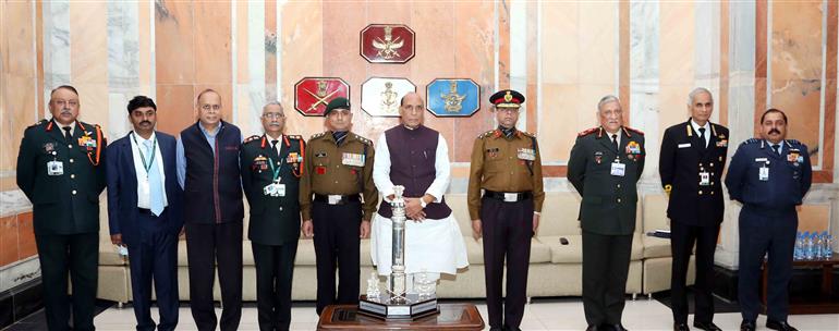 The Union Minister for Defence, Shri Rajnath Singh in a group photo with Brigadier Adarsh K. Butail and Subedar Major (Honorary Captain) Virendra of Jat Regimental Centre, the best marching contingent of Republic Day Parade 2021 among the Tri-Services, in New Delhi on February 15, 2021.
The Chief of Defence Staff (CDS), General Bipin Rawat, the Chief of Naval Staff, Admiral Karambir Singh, the Chief of the Air Staff, Air Chief Marshal R.K.S. Bhadauria, the Chief of the Army Staff, General Manoj Mukund Naravane, the Defence Secretary, Dr. Ajay Kumar and the Secretary, Department of Defence R&D and Chairman, DRDO, Dr. G. Satheesh Reddy are also seen.
