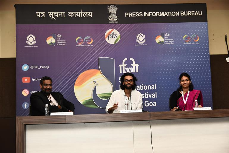 Director of non-feature film ‘Oru Paathira Swapanm Pole’ Shravan Venugopal and Bhargave Rambabu Poludasu, Lead cast of non-feature film ‘Gatham’ addressing the Press Conference at 51st International Film Festival of India (IFFI-2021) in Panaji, Goa. 