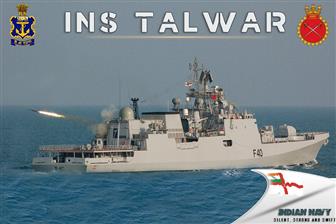 INS Talwar approaching to offer assistance to the stranded vessel MV Nayan during her deployment in the Gulf of Oman on 11 Mar 2021