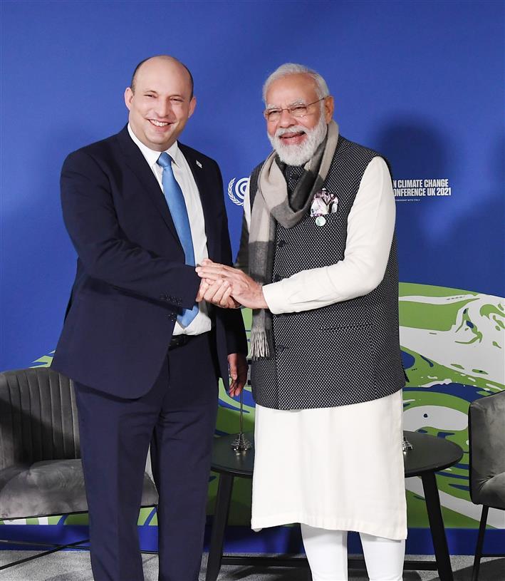 The Prime Minister, Shri Narendra Modi meeting the Prime Minister of Israel, Mr. Naftali Bennett, in Glasgow, Scotland on November 02, 2021.