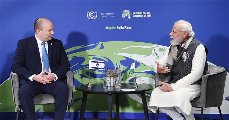 The Prime Minister, Shri Narendra Modi meeting the Prime Minister of Israel, Mr. Naftali Bennett, in Glasgow, Scotland on November 02, 2021.