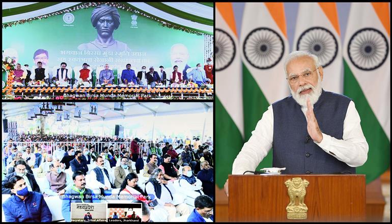 The Prime Minister, Shri Narendra Modi addressing at the inauguration of the Bhagwan Birsa Munda Memorial Udyan cum Freedom Fighter Museum, at Ranchi, through video conferencing, in New Delhi on November 15, 2021.