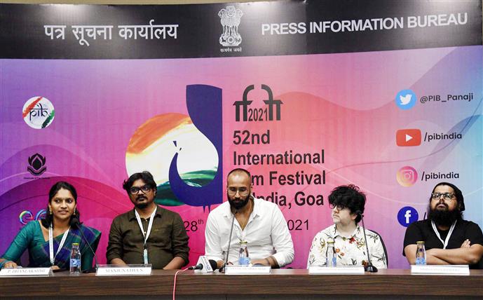 Director, Manjunatha S. of  the film ‘Act-1978 (Kannada)’, Director, Shankar Srikumar of the film ‘alpha Beta Gamma’, Director, Abhinandan Banerjee of the film Manikbabur Megh (Benngali) and Director, Nipun Avinash Dharmadhikari of the Marathi film ‘Mi Vasantrao’ addressing the press conference during the 52nd International Film Festival of India (IFFI-2021), in Panaji, Goa on November 24, 2021