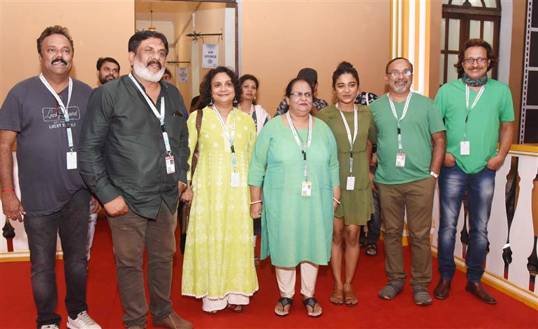 Director, Praveen Krupakar of the Kannada film ‘Taledanda’ along with cast and crew at the red carpet, during the 52nd International Film Festival of India (IFFI-2021), in Panaji, Goa on November 24, 2021.