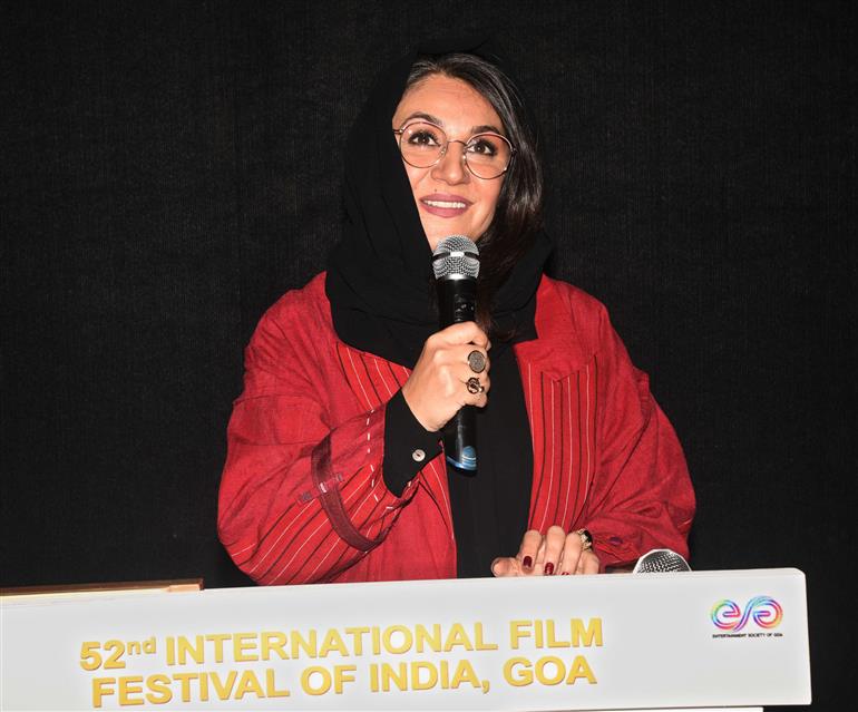 Iranian actress, Setareh Eskandari of the film ‘Sun of that Moon’ addressing at the felicitation, during the 52nd International Film Festival of India (IFFI-2021), in Panaji, Goa on November 24, 2021.