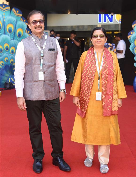 Director, Deepika Kothari and Director & Producer Ramji Om of the non-feature film ‘Bharat, Prakriti ka Balak’ at the red carpet, during the 52nd International Film Festival of India (IFFI-2021), in Panaji, Goa on November 25, 2021.