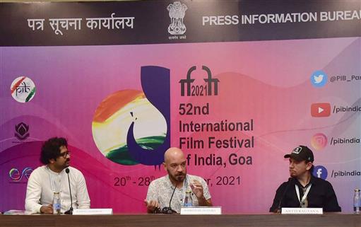 Director, Rodrigo de Oliveira of the film ‘The First Fallen’ and Writer, Antti Rautava of the film ‘Any Day Now’ addressing a press conference, during the 52nd International Film Festival of India (IFFI-2021), in Panaji, Goa on November 25, 2021.