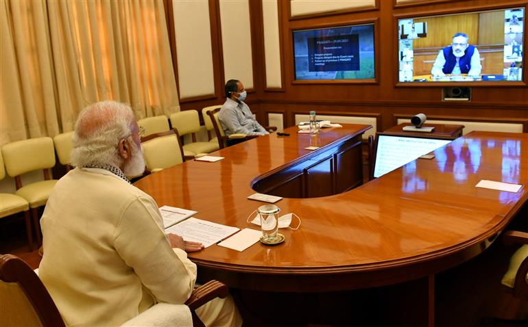 The Prime Minister, Shri Narendra Modi chairing the 38th PRAGATI Meeting, through video conferencing, in New Delhi on September 29, 2021.