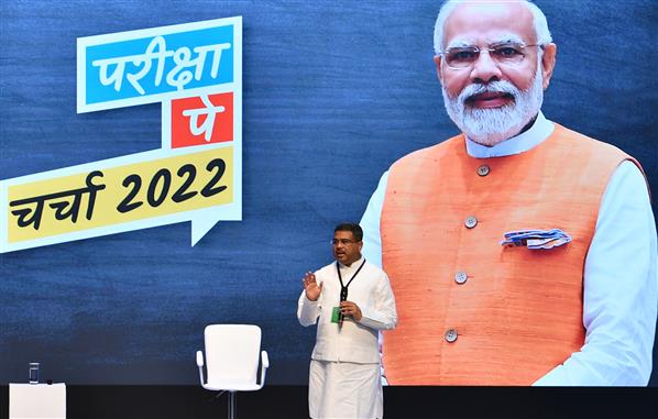 The Union Minister for Education, Skill Development and Entrepreneurship, Shri Dharmendra Pradhan interacting with the students, teachers and parents, during the 5th edition of ‘Pariksha Pe Charcha 2022’, at Talkatora Stadium, in New Delhi on April 01, 2022.