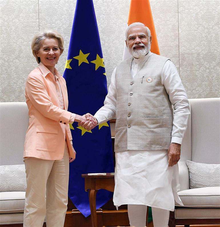 PM meeting the President of the European Commission, Ms. Ursula Von Der Leyen, in New Delhi on April 25, 2022. 