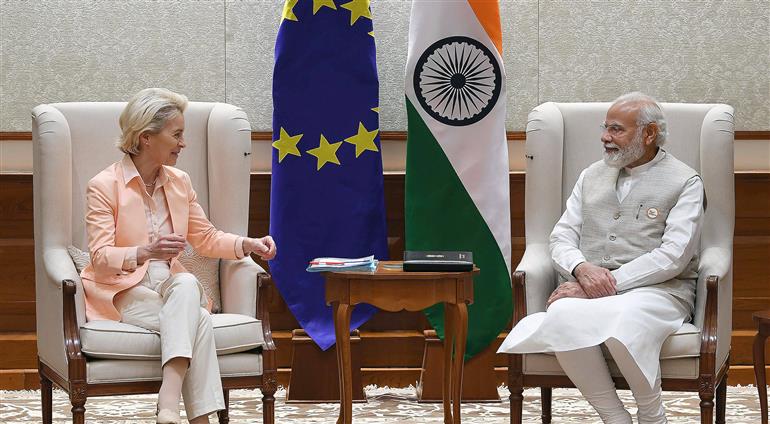 PM meeting the President of the European Commission, Ms. Ursula Von Der Leyen, in New Delhi on April 25, 2022. 