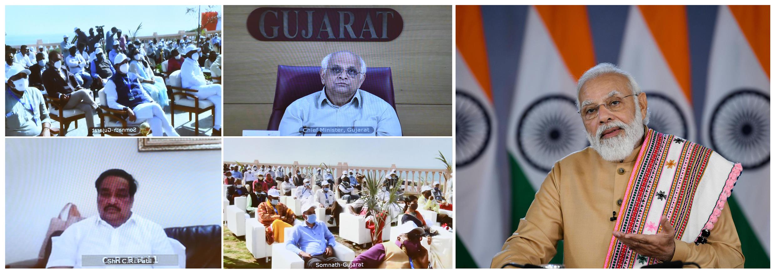 PM addressing at the inauguration of New Circuit House at Somnath in Gujarat, through video conferencing, in New Delhi on January 21, 2022.