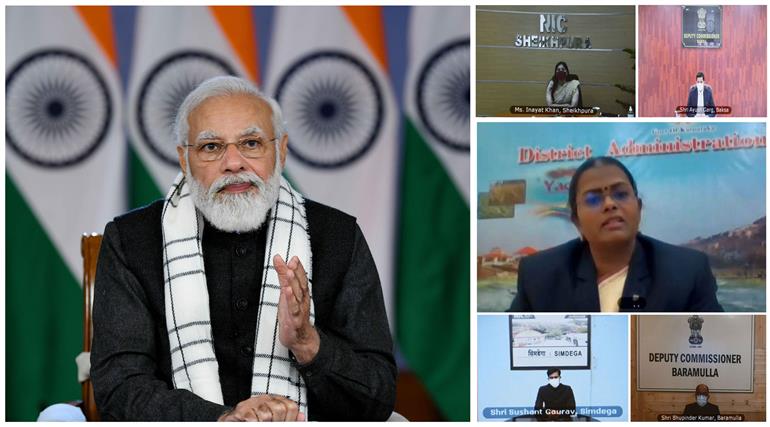 PM interacting with the DMs of various districts on the implementation of key government schemes, through video conferencing, in New Delhi on January 22, 2022.