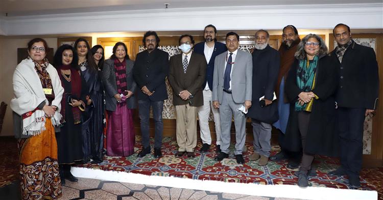 The Secretary, Ministry of Culture, Shri Govind Mohan with the production team of the grand Vande Bharatam programme, in New Delhi on January 25, 2022.
