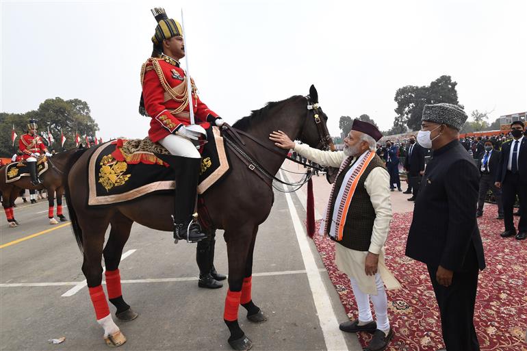 The President, Shri Ram Nath Kovind and PM at Rajpath, during the73rd Republic Day Celebrations, in New Delhi on January 26, 2022.