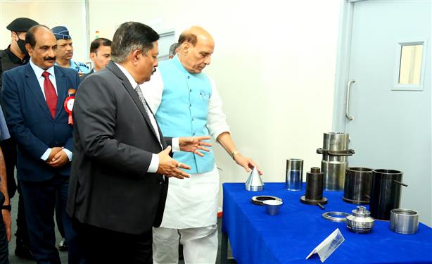 The Union Minister for Defence, Shri Rajnath Singh with the officials of Bharat Dynamics Limited (BDL), Bhanur Unit, in Hyderabad, Telangana on July 02, 2022.