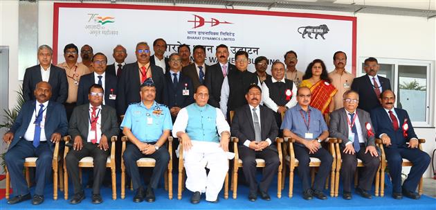 The Union Minister for Defence, Shri Rajnath Singh with the officials of Bharat Dynamics Limited (BDL), Bhanur Unit, in Hyderabad, Telangana on July 02, 2022.