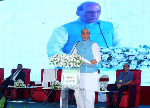 The Union Minister for Defence, Shri Rajnath Singh addressing at the Bharat Dynamics Limited (BDL), Bhanur Unit, in Hyderabad on July 02, 2022.
