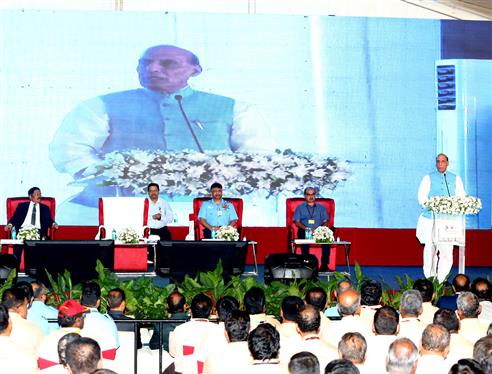 The Union Minister for Defence, Shri Rajnath Singh addressing at the Bharat Dynamics Limited (BDL), Bhanur Unit, in Hyderabad on July 02, 2022.