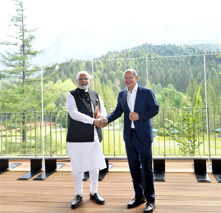 PM in a bilateral meeting with the Chancellor of the Federal Republic of Germany, Mr. Olaf Scholz on the sidelines of G-7 Summit, in Germany on June 27, 2022.