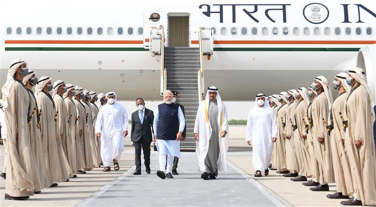 PM being welcomed by the President of UAE, Mr. Sheikh Mohamed bin Zayed Al Nahyan at Abu Dhabi Airport, in UAE on June 28, 2022.