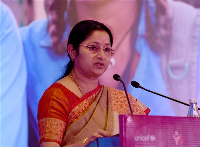 The Minister of State for Education, Smt. Annpurna Devi addressing at the launch of the Kanya Shiksha Pravesh Utsav, jointly organised by the MoWCD & UNICEF India, in New Delhi on March 07, 2022. 