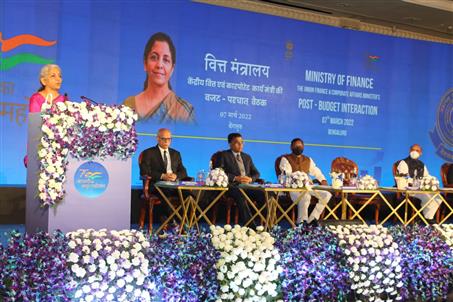 Union Finance minister Smt. Nirmala Sitaraman addressing at post Budget 2022 interaction with stakeholders from industry & trade, large tax payers & select professionals in Bengaluru.