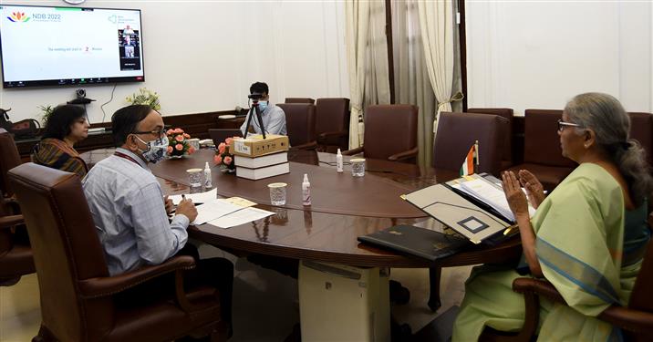 The Union Minister for Finance and Corporate Affairs, Smt. Nirmala Sitharaman chairing the 7th Annual Meeting of the Board of Governors of New Development Bank, via video conferencing, in New Delhi on May 19, 2022. 
