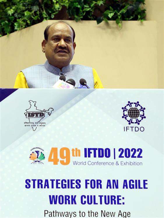 The Speaker, Lok Sabha, Shri Om Birla addressing at the 49th IFTDO World Conference and Exhibition, in New Delhi on May 21, 2022.