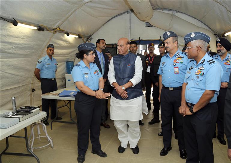 The Union Minister for Defence, Shri Rajnath Singh at the multi-agency Humanitarian Assistance and Disaster Relief (HADR) exercise ‘Samanvay 2022’, in Agra, Uttar Pradesh on November 29, 2022.