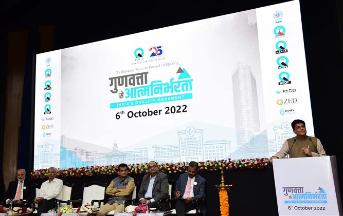 The Union Minister for Commerce & Industry, Consumer Affairs, Food & Public Distribution and Textiles, Shri Piyush Goyal addressing at the Silver Jubilee Function of Quality Council of India, in New Delhi on October 06, 2022.