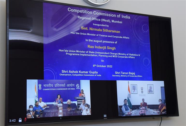 The Union Minister for Finance and Corporate Affairs, Smt. Nirmala Sitharaman at the inauguration of Competition Commission of India (CCI’s) Regional Office (West), in Mumbai virtually from New Delhi on October 06, 2022.