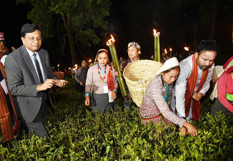 The Union Minister for Culture, Tourism and Development of North Eastern Region (DoNER), Shri G. Kishan Reddy with delegates participating in Moonlight tea plucking and tea tasting at Darjeeling, in West Bengal on April 1, 2023.