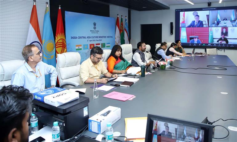 The Union Minister for Culture, Tourism and Development of North Eastern Region (DoNER), Shri G. Kishan Reddy hosting the first India-Central Asia Culture Ministers’ Meeting via video conferencing, in New Delhi on April 3, 2023.