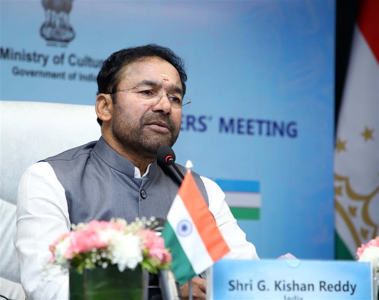 The Union Minister for Culture, Tourism and Development of North Eastern Region (DoNER), Shri G. Kishan Reddy hosting the first India-Central Asia Culture Ministers’ Meeting via video conferencing, in New Delhi on April 3, 2023.